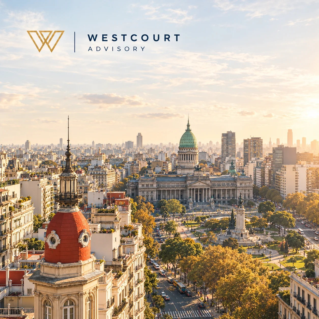 Buenos Aires skyline and the Argentine National Congress with Westcourt Advisory branding