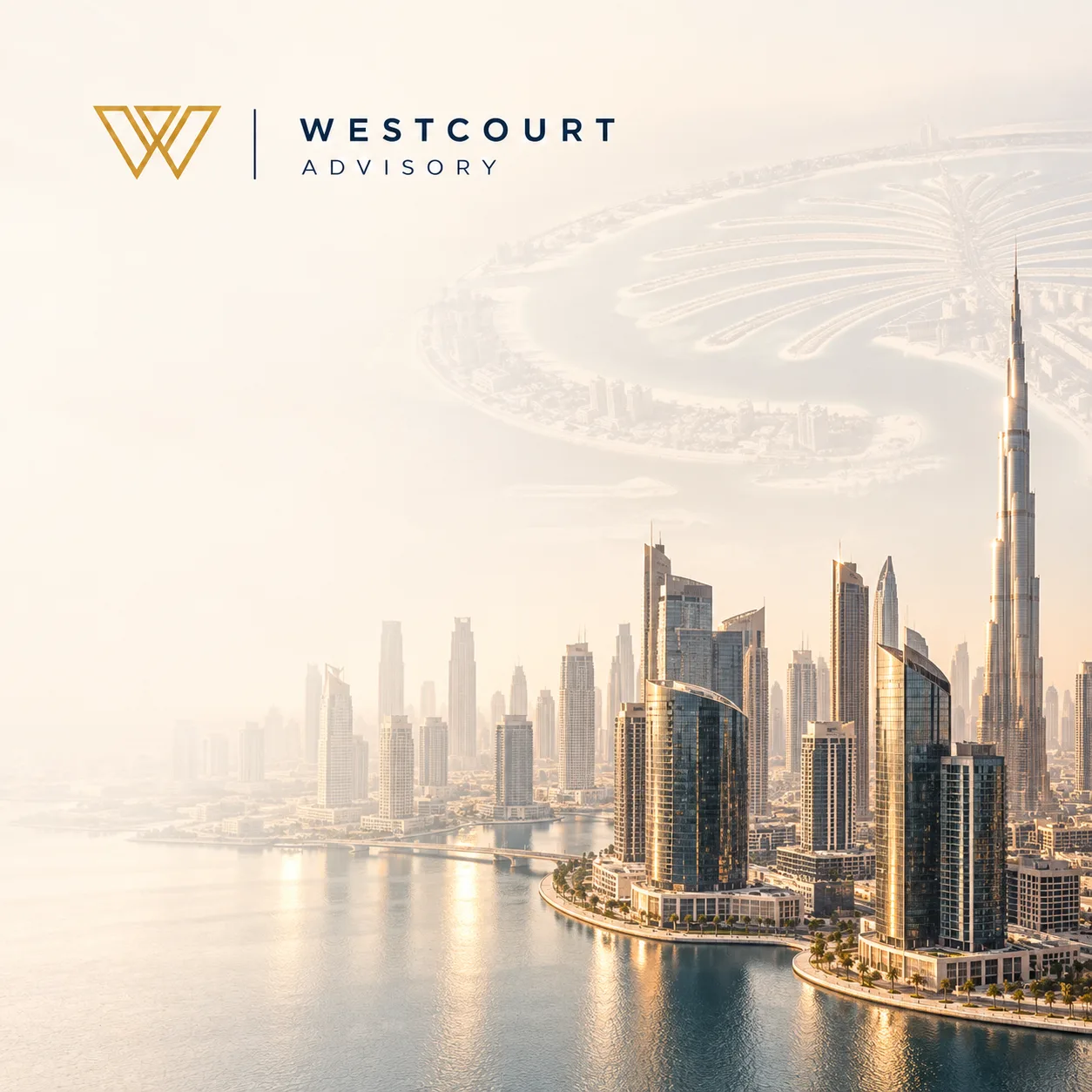 Business Bay skyline with the Palm Jumeirah and Burj Khalifa
