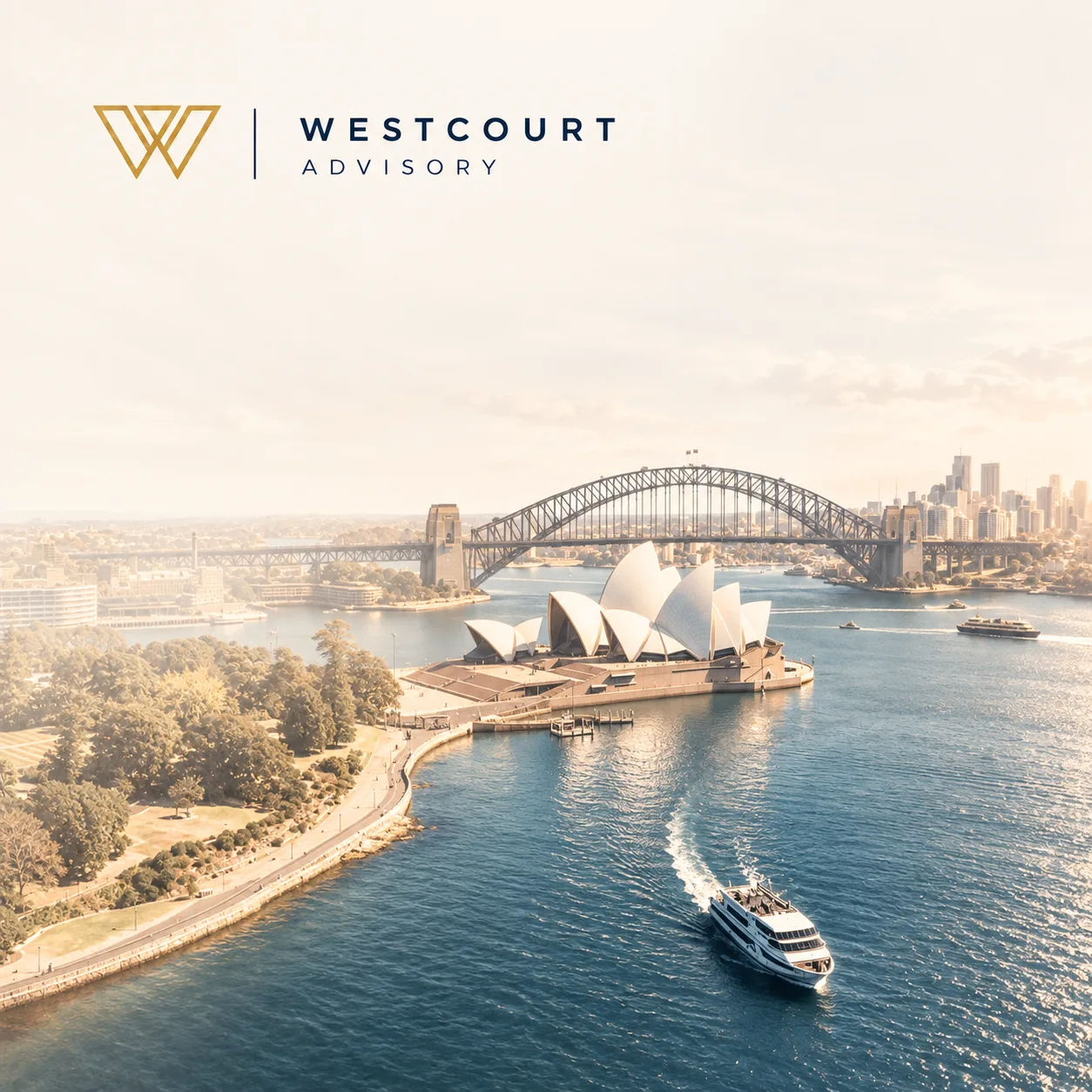Sydney Opera House and Harbour Bridge with Westcourt Advisory branding